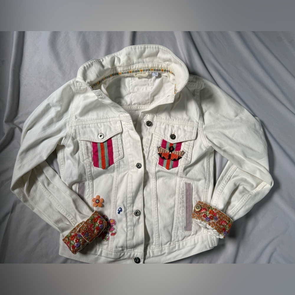 Collusion Denim Jacket Womens White Jean Embroidered Colorful OOAK Size 6 - Picture 9 of 9